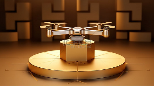 金色背景图片_金色四轴飞行器无人机在获奖者领奖台上占据中心舞台，获得立方体奖和月桂花环