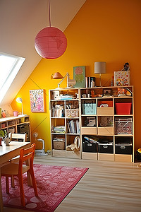 文人的书桌背景图片_大型儿童房配有书架书桌和黄色地毯