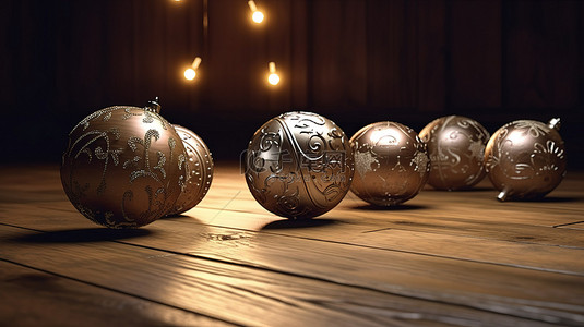 3D 渲染中带有圣诞装饰球的木桌