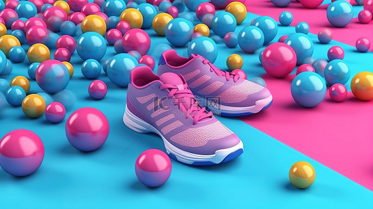 色彩缤纷的健身装备哑铃跑鞋和粉色毛巾放在蓝色背景 3D 渲染上充满活力的球之间