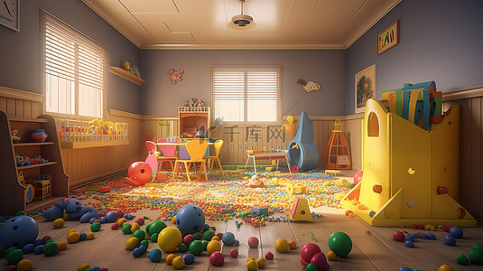 充满玩具的儿童友好游戏室的虚拟描绘