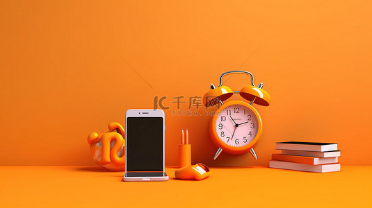 教育手机背景图片_数字世界中的电子学习橙色墙上的闹钟和手机的 3D 渲染，带有“回到学校”文本