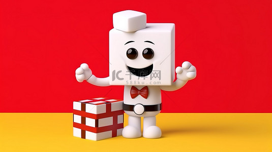 生日摄影背景图片_黄色背景的 3D 渲染，带有白色礼品盒红丝带人物吉祥物和电影拍板