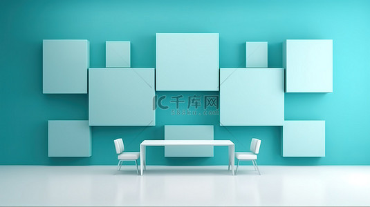 浅蓝色多媒体墙的 3D 插图，带有用于模型的空白空间