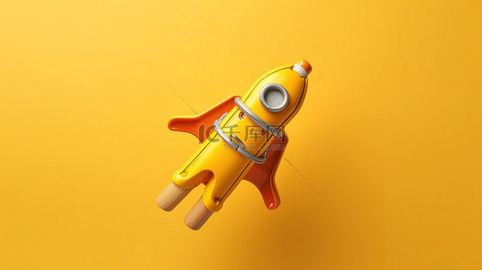 由木制弹弓推动的玩具火箭从黄色背景 3D 渲染发射