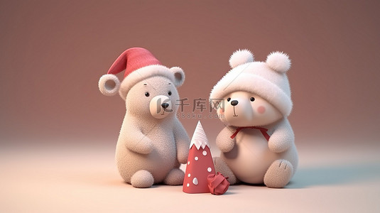 迷人的 3D 插图与可爱的熊和兔子毛绒动物一起庆祝圣诞节
