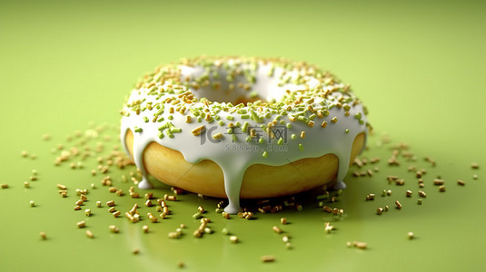 绿茶的孤立背景 3D 渲染洒在特写甜甜圈上