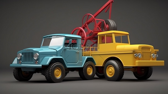 彩色金属背景图片_儿童游乐车敞篷吉普自卸车和起重机的彩色 3D 模型