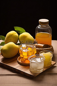 木桌上的芒果蜂蜜和水果
