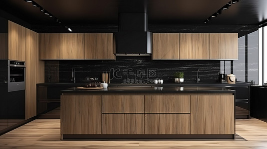 黑色瓷砖背景图片_令人惊叹的 3D 渲染别致的木制厨房，配有时尚的黑色瓷砖