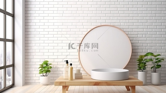 空白木质表面，用于在 3D 设计中展示白砖浴室背景下的照片蒙太奇