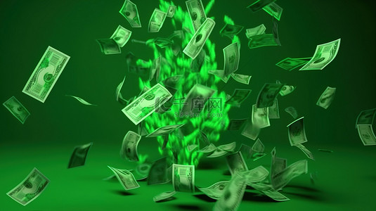 绿色背景与 3D 金钱描绘了省钱和无现金社会的概念插图