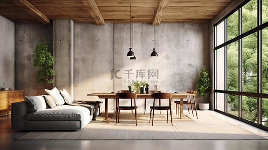 工业阁楼客厅的 3D 渲染，配有裸露的水泥墙木地板和舒适的休息区和用餐区