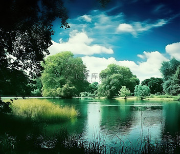 公园里的湖，有树和草