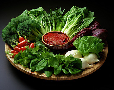 藤背景图片_一个装满绿色蔬菜酱和香草的藤碗