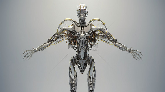 承载未来背景图片_灰色背景承载一个 3d 渲染的维特鲁威机器人或半机械人
