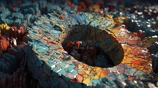 彩色甜甜圈，一个破碎的圆环，有一个破裂的圆形表面和一个由 3D 渲染中的抽象马赛克片组成的孔