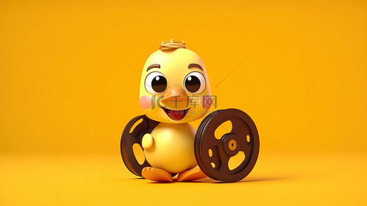 可爱的电影爱好者鸭子吉祥物，黄色背景 3D 渲染上带有电影卷轴