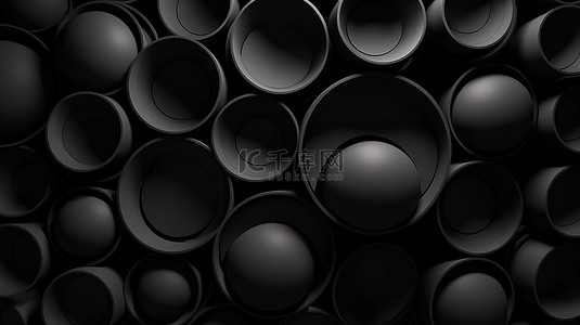 单色几何形状图案背景上的一组黑色 3D 圆圈插图