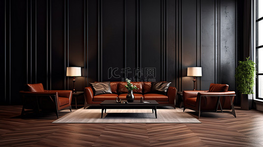 现代豪华单间公寓令人惊叹的 3D 渲染，配有别致的皮革沙发和优雅的红木矮桌