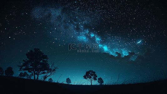 插画夜晚星空背景图片_夜空星光树剪影插画背景