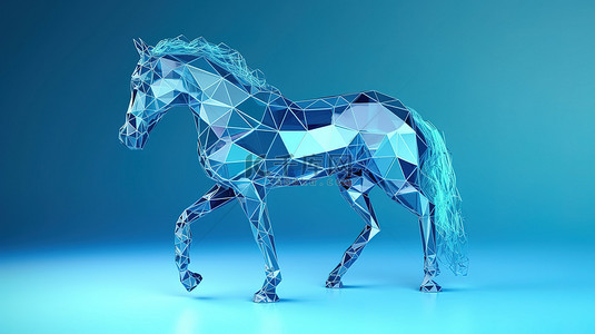 抽象动物背景背景图片_蓝色背景上具有有线设计的抽象低聚马的 3D 渲染