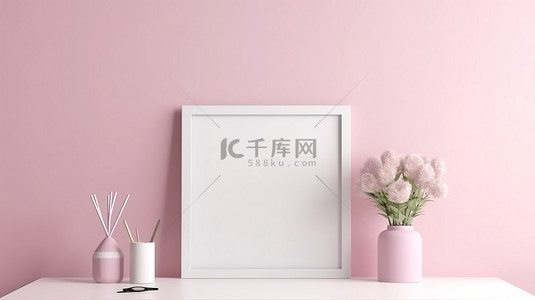 室内画框样机背景图片_3D 渲染画框特写在粉红色墙壁背景的工作台上