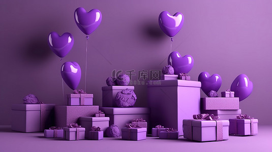 情人主题背景图片_紫色主题 3D 渲染爱心气球礼盒在欢乐的情人节背景