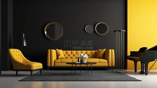 客厅钢琴背景图片_现代单色客厅配有大钢琴黄色口音和样机框架 3D 插图