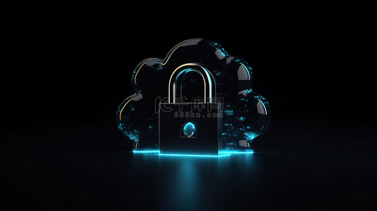 信息蓝背景图片_带有挂锁的简约蓝云符号在深色背景中以 3d 呈现，用于云存储技术