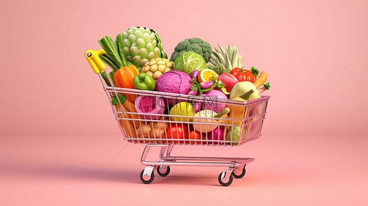 粉红色背景的插图，里面装满了购物车，里面装满了营养食品，以 3D 形式描绘了杂货店概念的想法