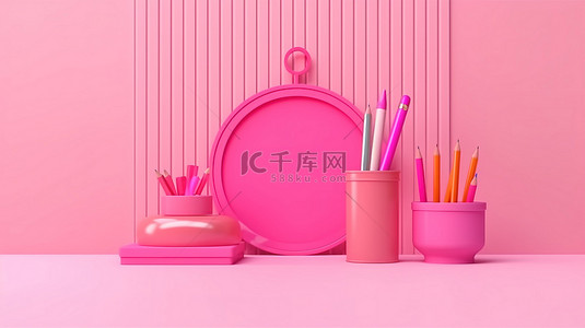 平铺背景图片_平躺顶视图霓虹粉红色 3D 插图回到学校产品展示讲台架与铅笔