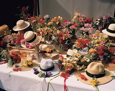 欧洲背景图片_帽子桌上摆满了鲜花