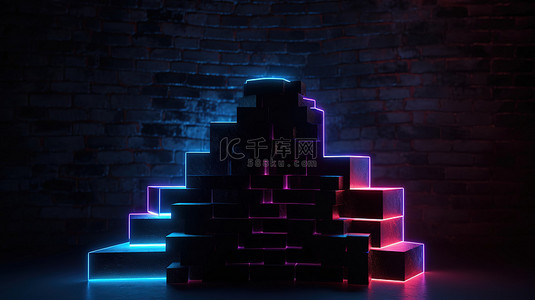 黑夜中的光背景图片_3d 渲染中黑砖抽象背景上的霓虹灯讲台边框