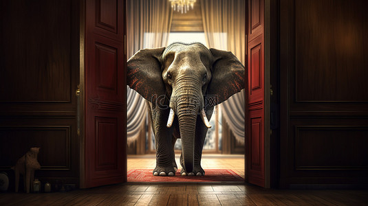 令人印象深刻的 3D 渲染，一头雄伟的大象进入敞开的门