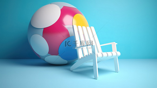 蓝色背景，白色和蓝色躺椅以及 3D 渲染中充满活力的沙滩球