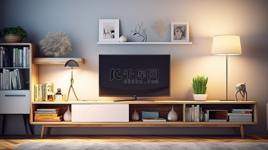 现代房间配有电视柜灯花书和家庭办公空间内部 3D 渲染