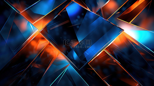 蓝色科技感电脑背景图片_未来派蓝色和橙色三角形抽象背景现代数字3d 渲染