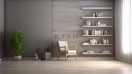 复古式家具背景图片_时尚简约的工作空间 3D 渲染灰色图案墙木地板和别致的家具