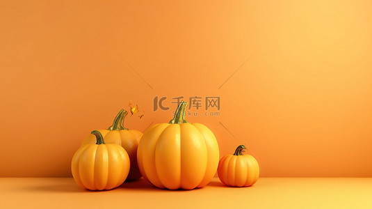 黄色灯背景图片_浅棕色背景上黄色和橙色南瓜的快乐感恩节 3D 渲染