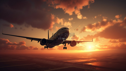 一架商用飞机在日落时起飞的令人惊叹的 3D 插图