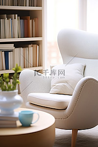 客厅里的一把白色椅子，配有书籍和咖啡