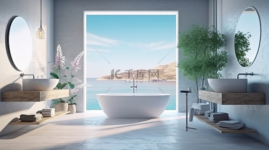 洗手台卡通背景图片_俯瞰大海的现代浴室的令人惊叹的 3D 渲染