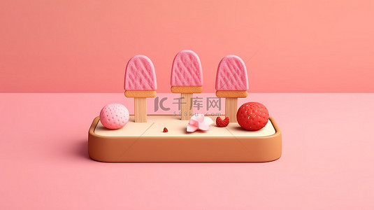 粉红色背景下的热带度假主题棒棒糖 3D 渲染的简单冷冻食品