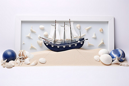 一艘蓝色渔船被一串珍珠岩石和贝壳挂在沙滩上