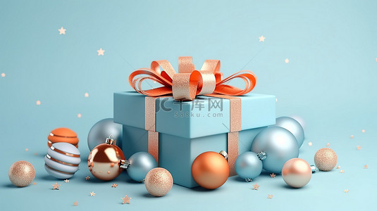 3D 渲染图像用柔和的蓝色背景上的礼品盒和圣诞球装饰品庆祝节日