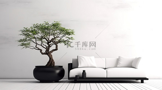 日本风格的现代禅宗客厅，配有白色沙发和 3D 呈现的白色墙壁上的简约装饰