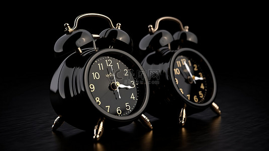 工作闹钟背景图片_3D 渲染微型双铃黑色闹钟非常适合起床和时间管理