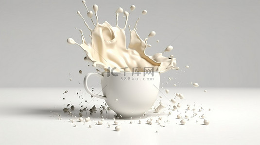 牛奶从杯子里溅到原始白色桌子上的 3D 渲染