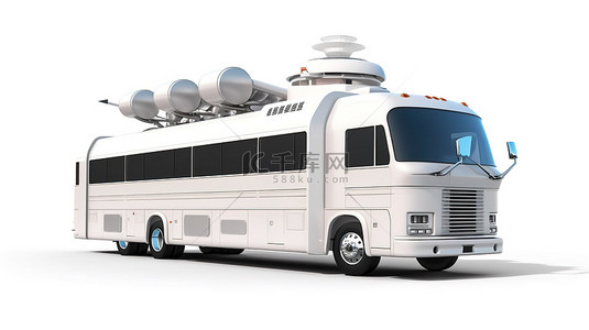 现代商务城市背景图片_现代卫星在 3D 创建的干净白色背景上传输到大型白色旅游巴士